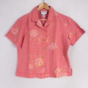 E.L.C.C. Shirt Womens Small Pink Floral Button Up Silk Linen Blend Cottage Bloom